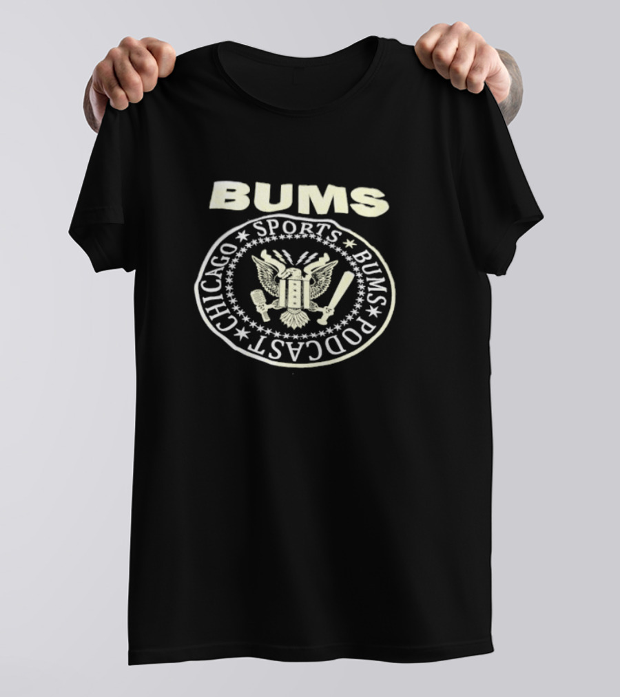 Bums Sports Bums Podcast Chicago Eagle Seal Baseball Mic Bat T-Shirt