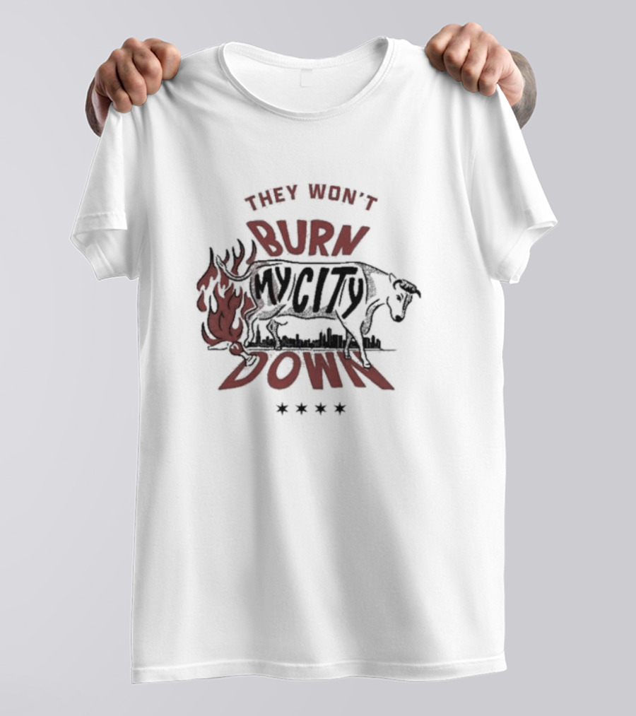 They Won't Burn My City Down Bull And Flames Skyline T-Shirt