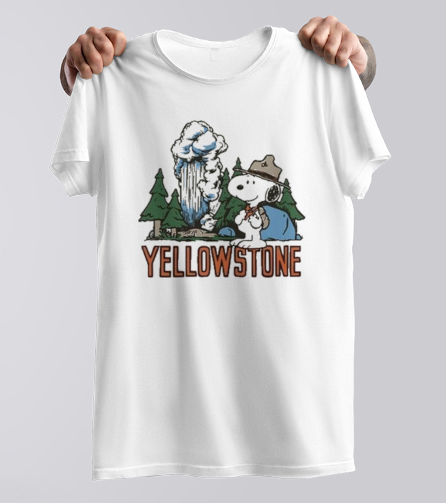 Peanuts Snoopy Yellowstone Camping Scene With Geyser And Forest T-Shirt