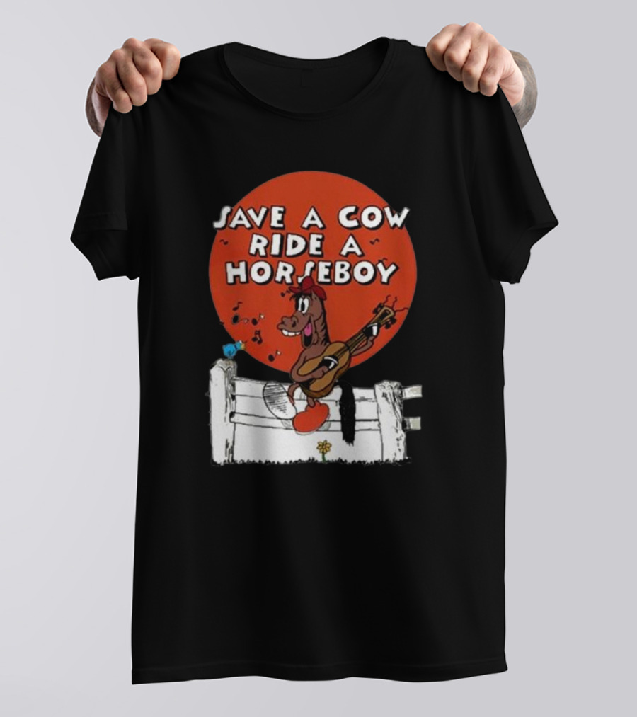 Save A Cow Ride A Horseboy Cartoon Horse Playing Guitar T-Shirt