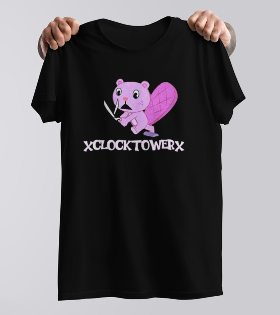 XCLOCKTOWERX Running With Scissors Pink Cartoon Beaver T-Shirt