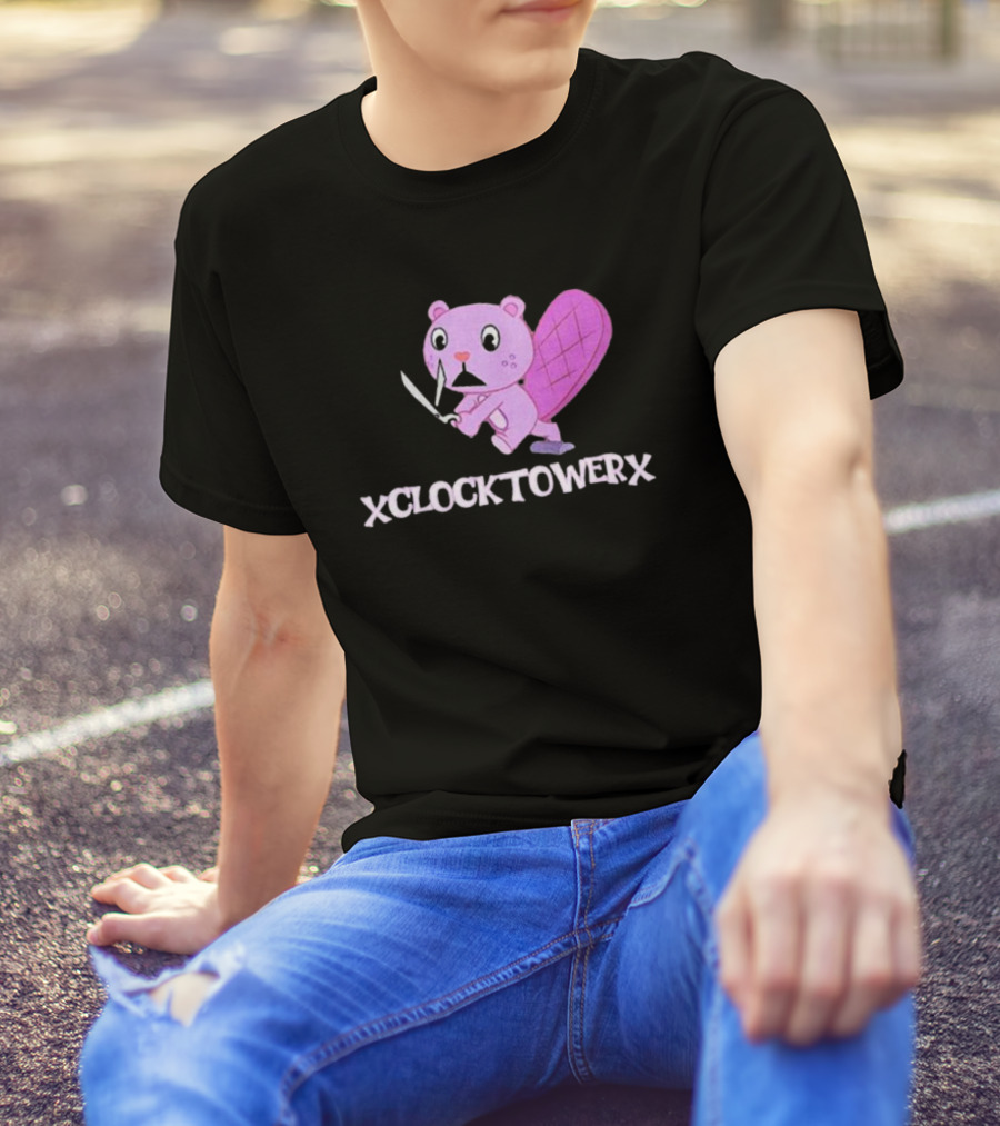 XCLOCKTOWERX Running With Scissors Pink Cartoon Beaver T-Shirt