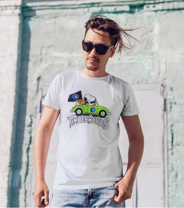 Minnesota Timberwolves Snoopy Forever Fan Driving Car With Timberwolves Flag T-Shirt