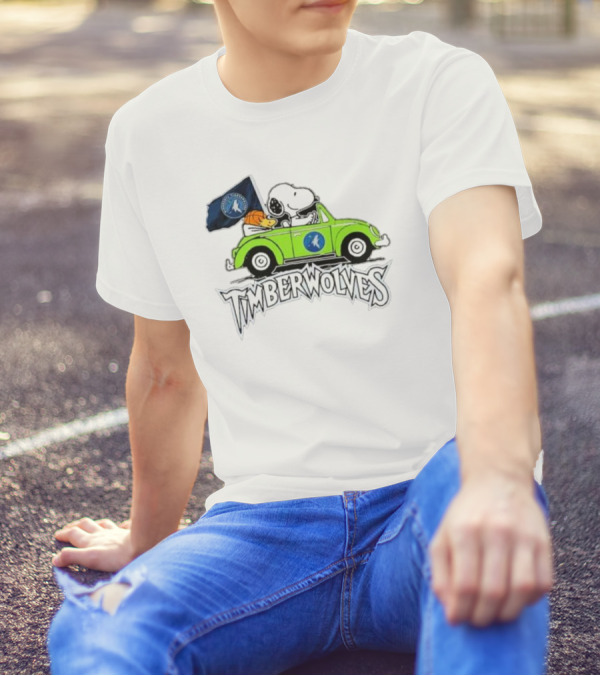 Minnesota Timberwolves Snoopy Forever Fan Driving Car With Timberwolves Flag T-Shirt