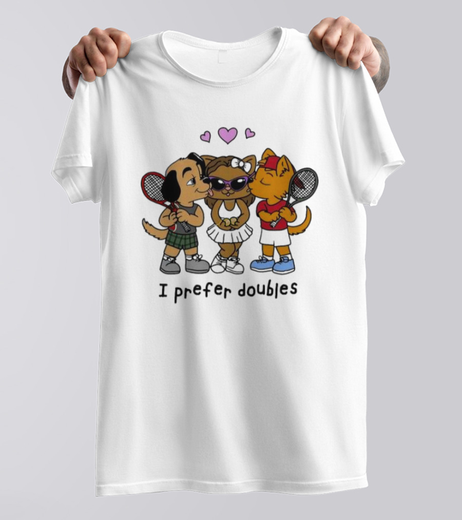 I Prefer Doubles Cute Animals With Tennis Rackets And Hearts T-Shirt