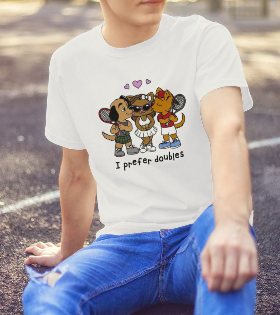 I Prefer Doubles Cute Animals With Tennis Rackets And Hearts T-Shirt