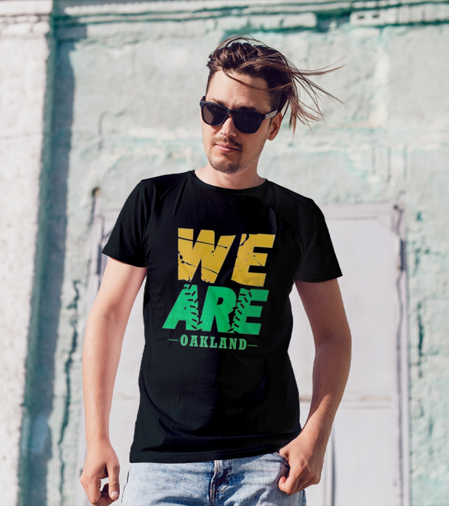 WE ARE OAKLAND Yellow Green Text Baseball Seam T-Shirt