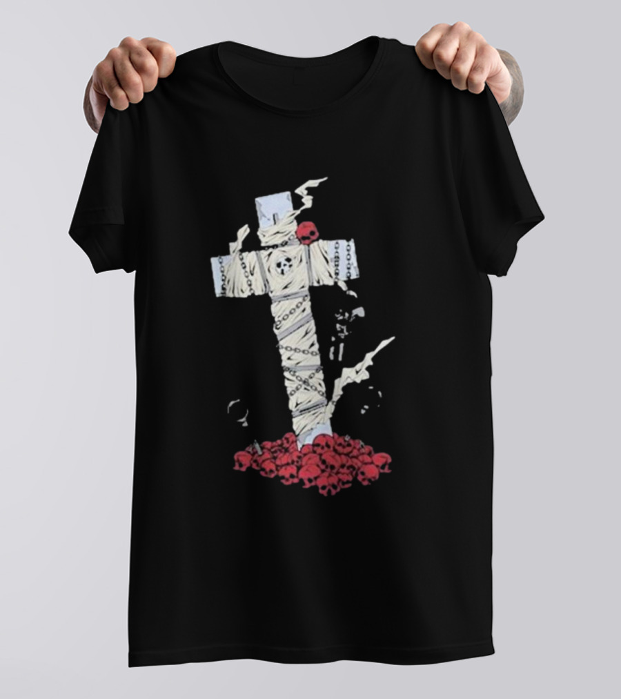 Steady-Hands Wrapped Cross With Chains And Skulls T-Shirt