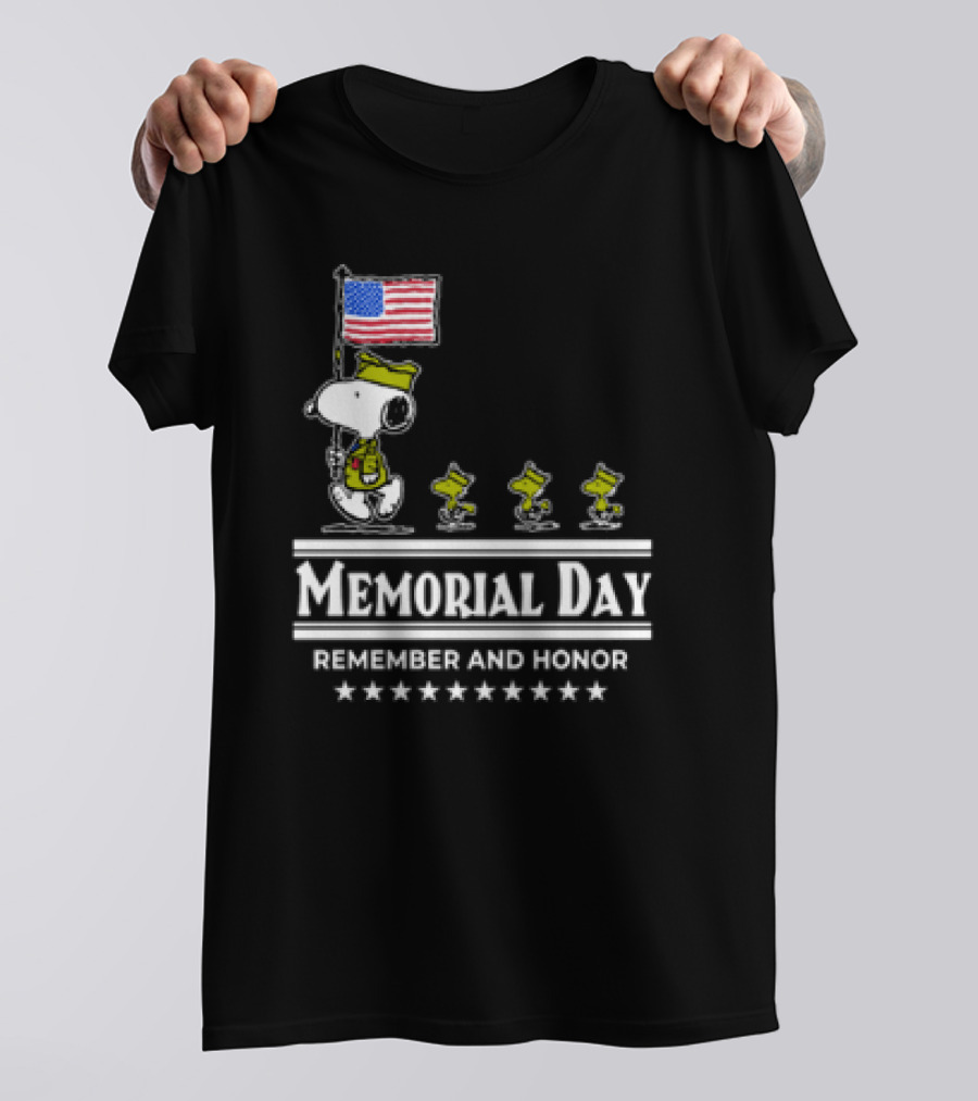Memorial Day Snoopy And Woodstock Remember And Honor With American Flag T-Shirt