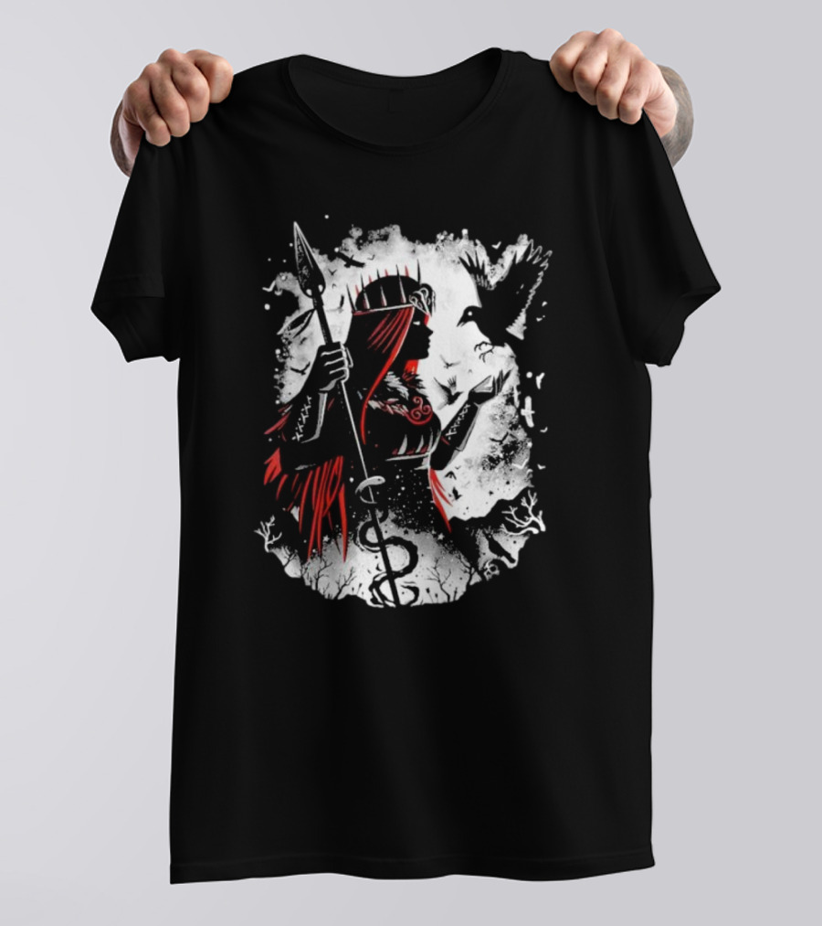 Goddess Of Fate And War With Spear And Raven T-Shirt
