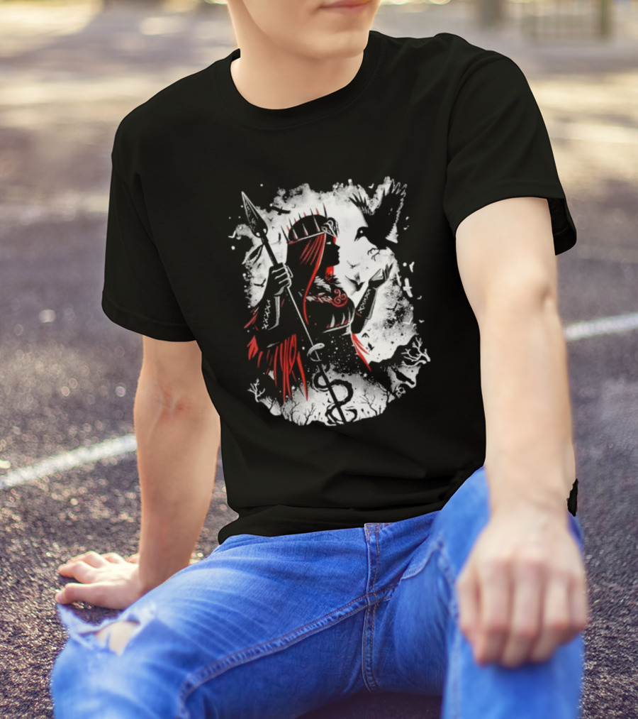 Goddess Of Fate And War With Spear And Raven T-Shirt