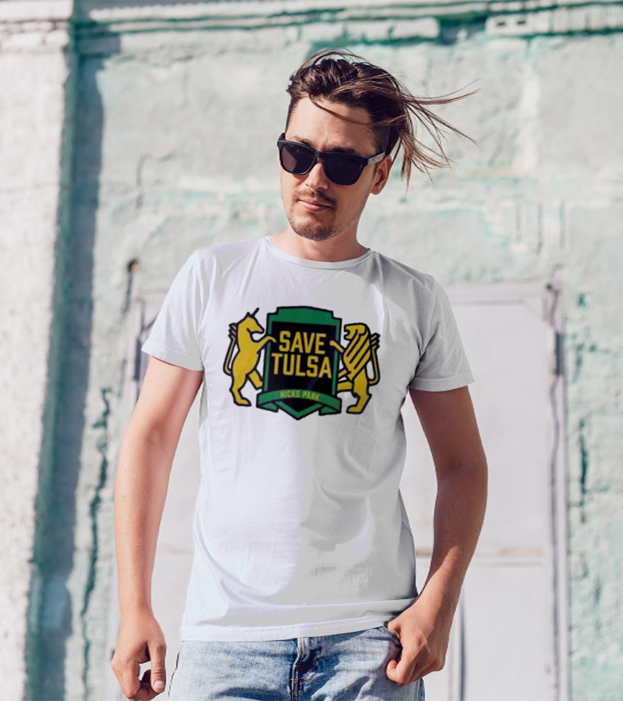 Save Tulsa Kicks Park Yellow Lion And Griffin Shield T-Shirt