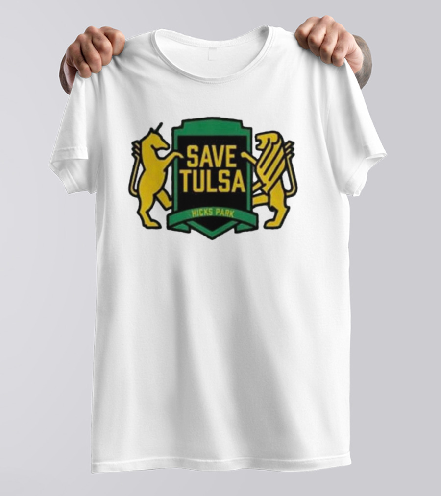 Save Tulsa Kicks Park Yellow Lion And Griffin Shield T-Shirt