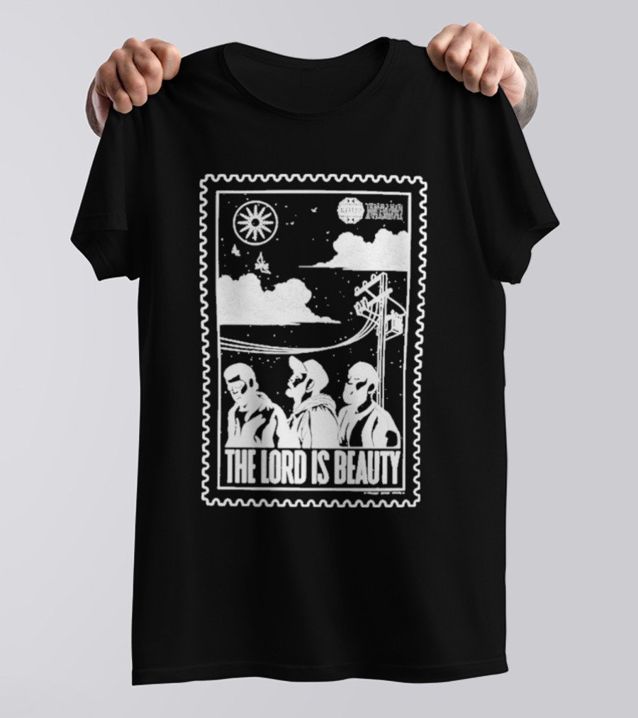 The Lord Is Beauty Three Figures Under Night Sky Clouds Birds Sun And Powerlines T-Shirt