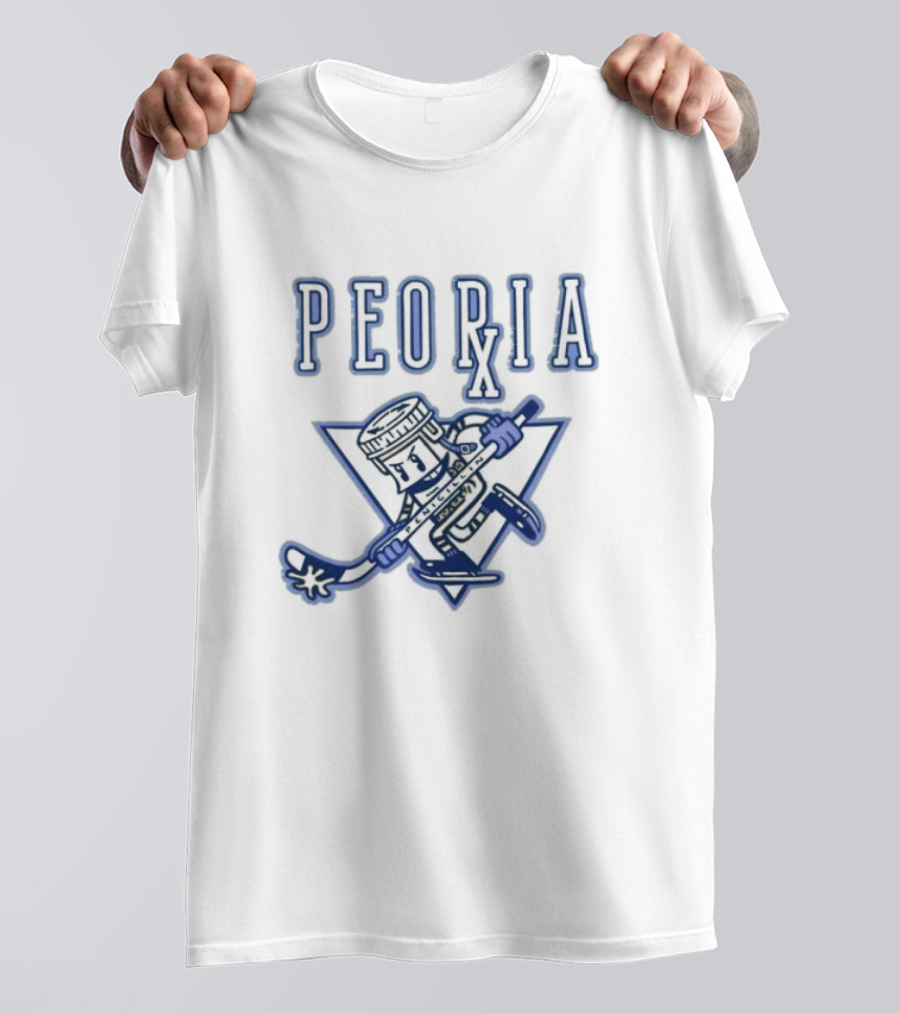 Peoria Hockey Mascot Penicillin Character With Syringe And Hockey Stick T-Shirt