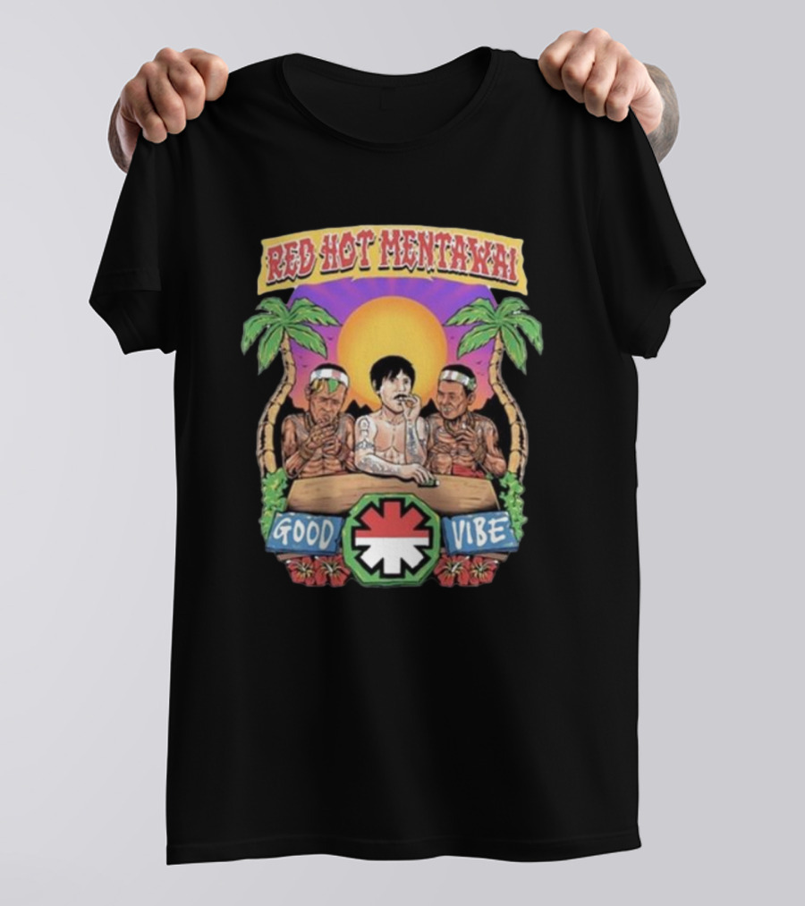 Red Hot Mentawai Good Vibe Sunset Island Scene With Palm Trees And Tattooed Trio T-Shirt