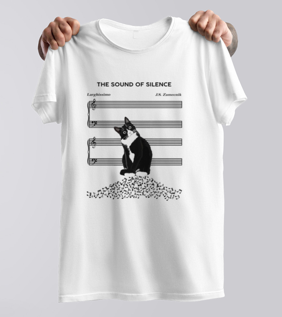 Black Cat Sitting On Music Notes The Sound Of Silence J.S. Zamecnik Larghissimo T-Shirt