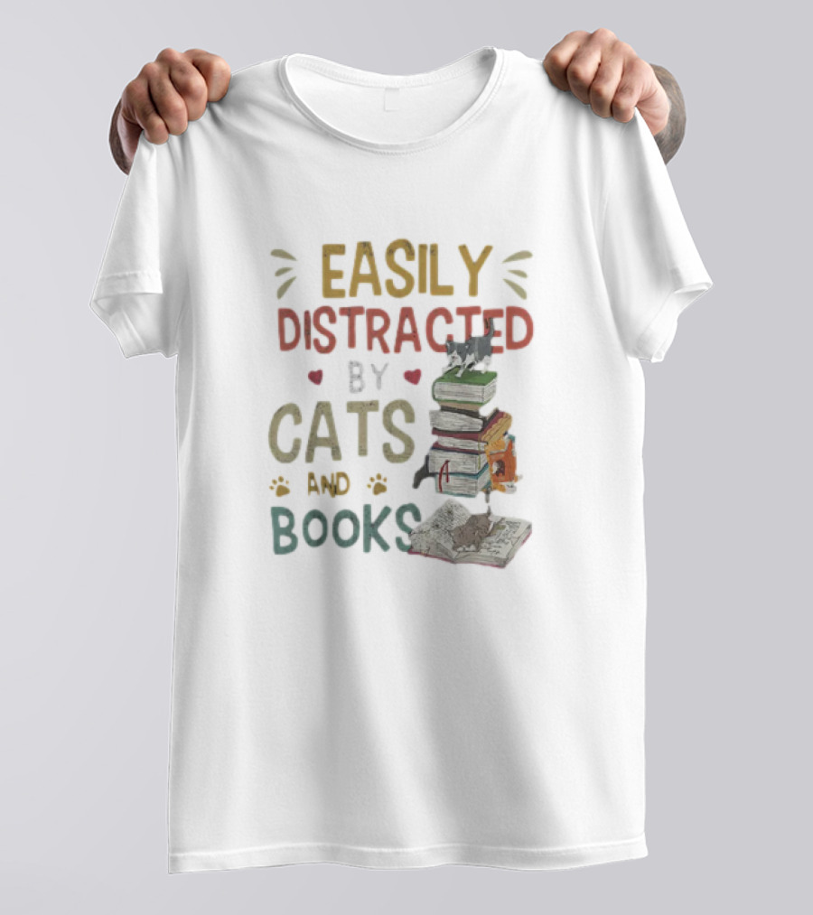 Easily Distracted By Cats And Books Stack Cats 365 Book Lover T-Shirt
