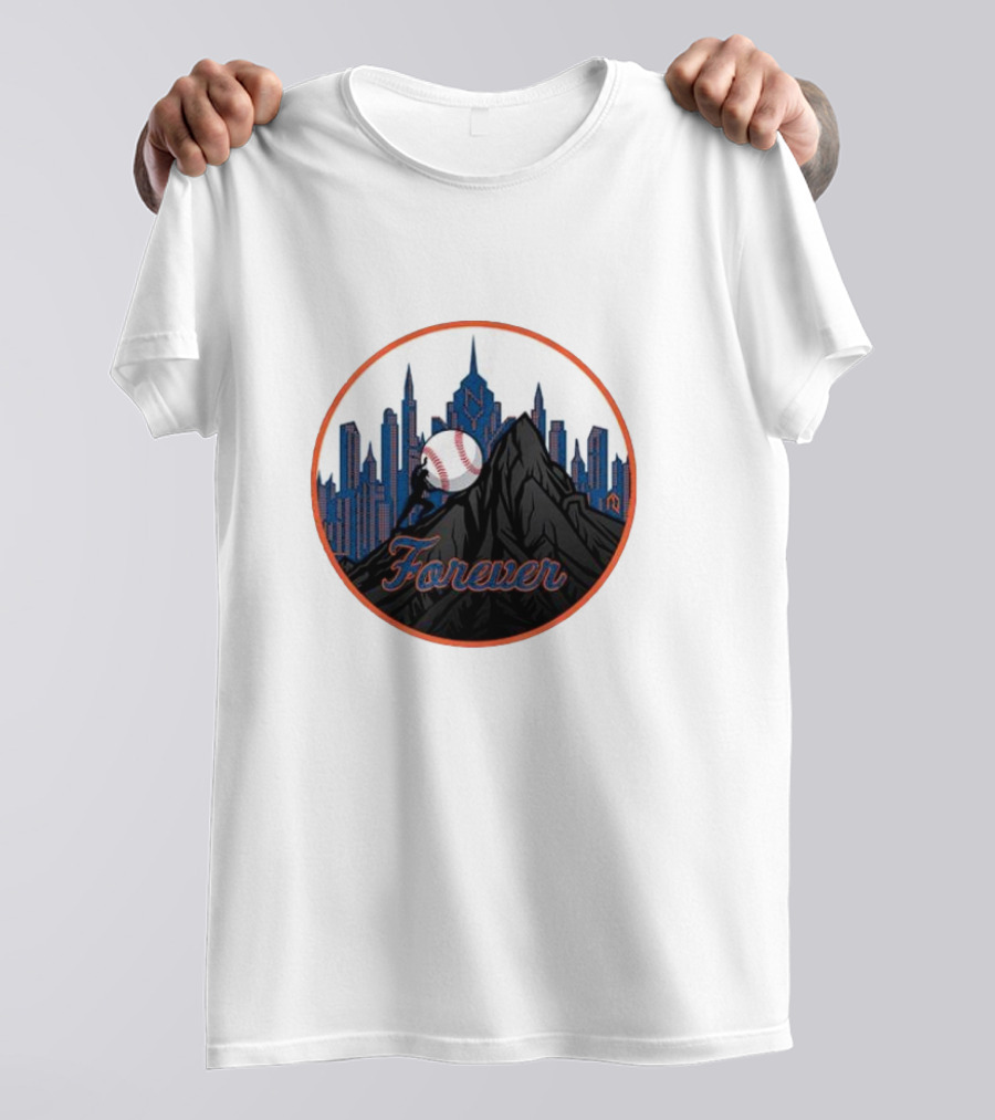 New York Met Fan Forever Skyline Baseball Statue T-Shirt
