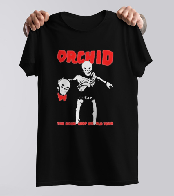 Orchid Skeleton Holding Skull The Doom Loop World Tour T-Shirt