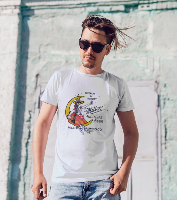 Superior Quality Miller High Life Beer Moon Lady Milwaukee Brewing Co T-Shirt