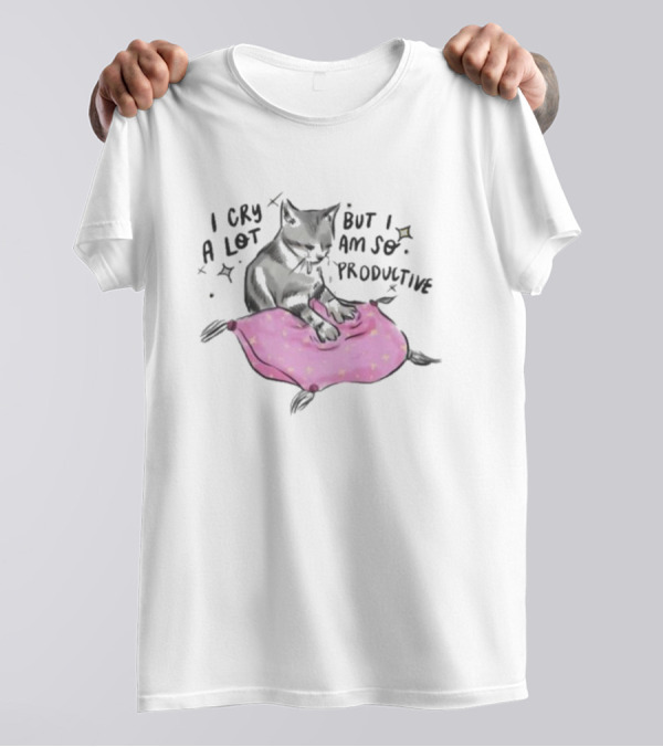 I Cry A Lot But I Am So Productive Funny Cat With Pink Blanket T-Shirt