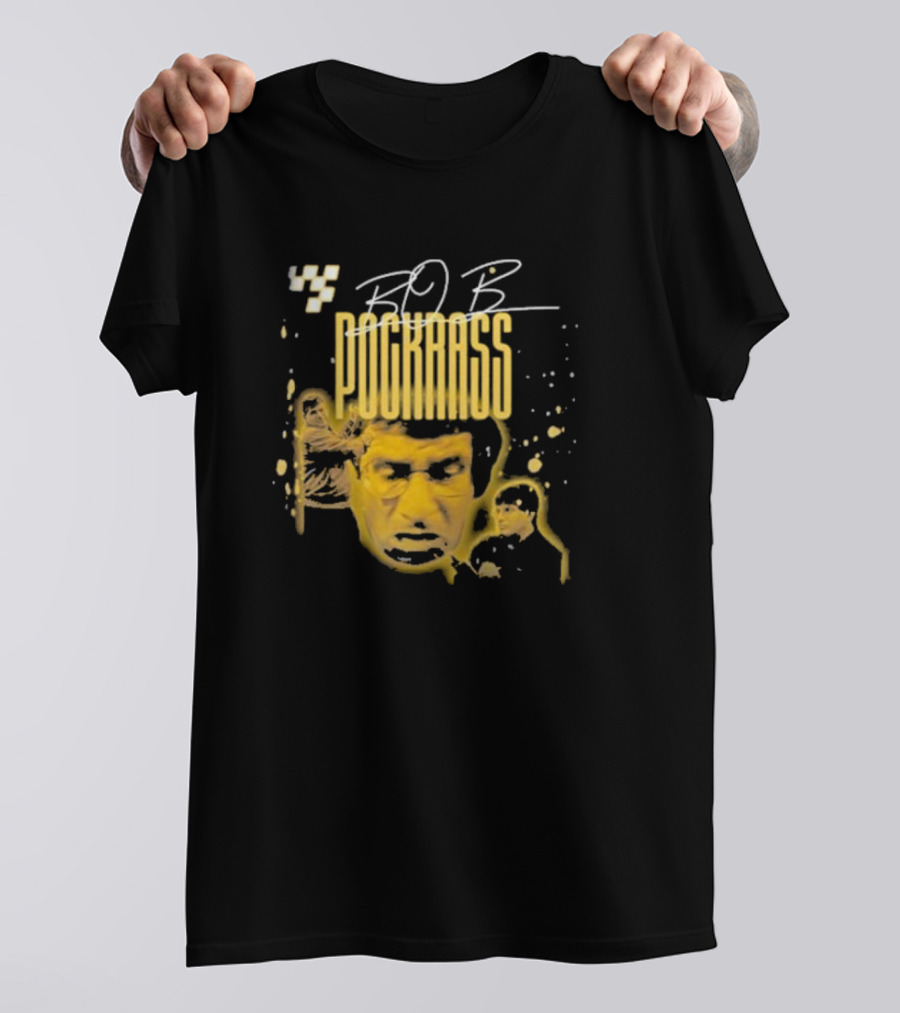 BOB POCKRASS Racing Icon Yellow Portrait Checkerboard Background T-Shirt