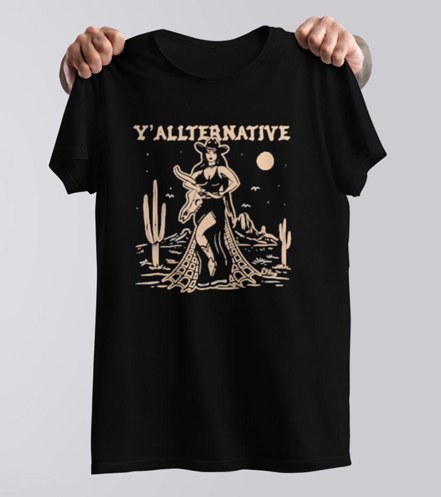 Y'allternative Cowgirl Desert Night Scene With Cacti And Mountains T-Shirt