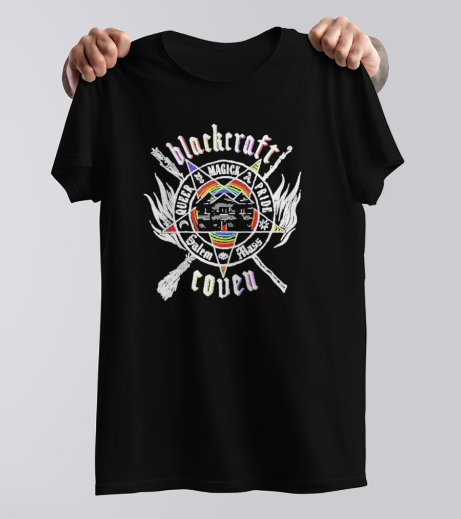 Blackcraft Coven Queer Magick Pride Salem Mass Rainbow Pentagram Broomsticks T-Shirt