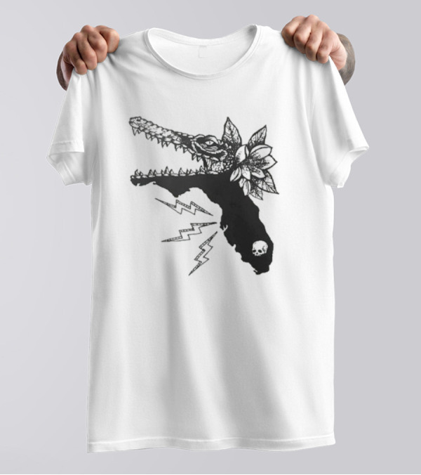Florida Will Eat You - Alligator Skull Lightning Magnolia Map T-Shirt