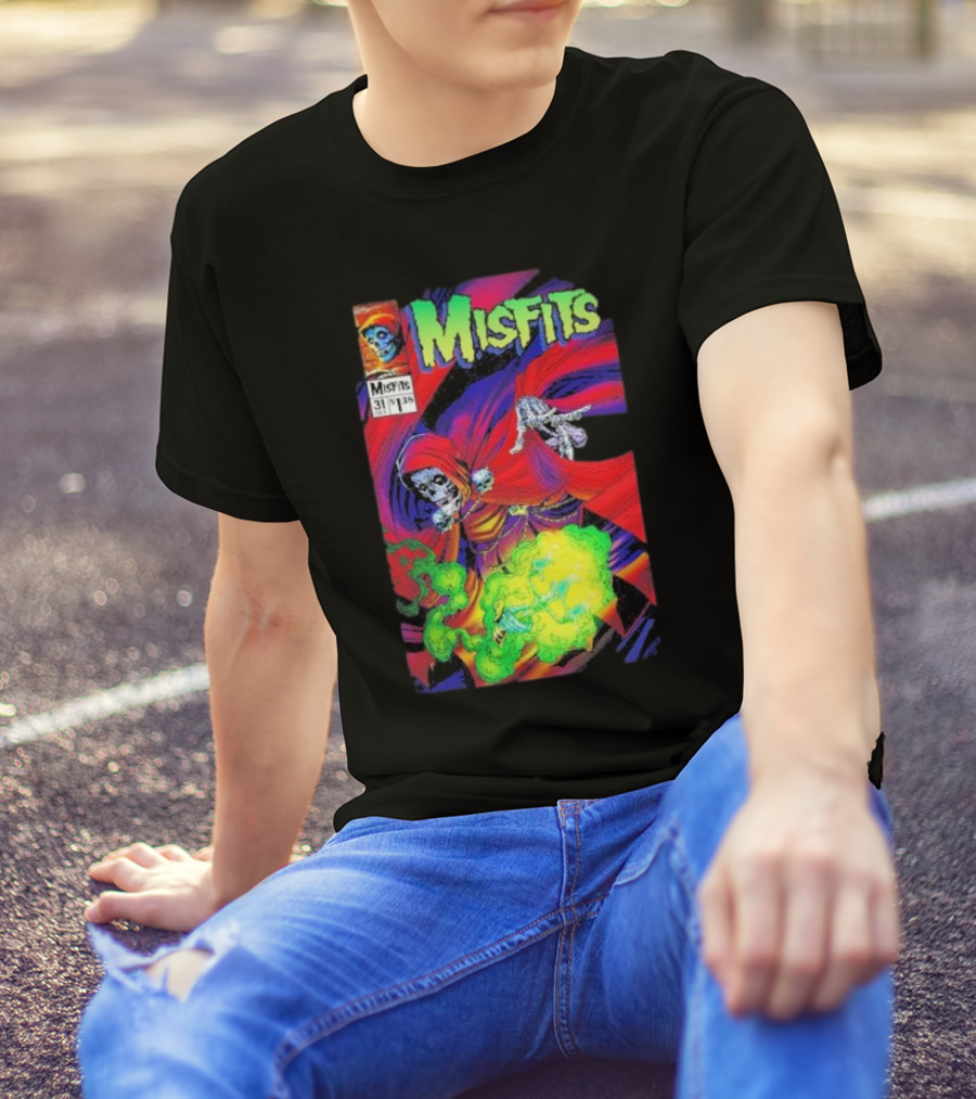 Misfits Yesterdays Death Skeleton Comic Cover 31 Skulls Purple Red Green Smoke T-Shirt