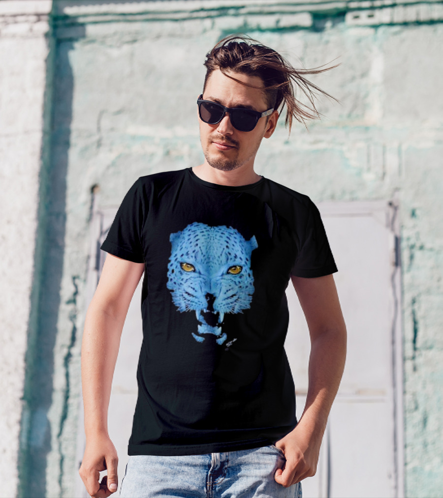 Over Blue Leopard Head With Fierce Yellow Eyes T-Shirt