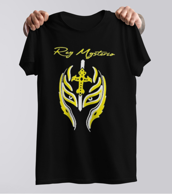 Rey Mysterio Cross Mask Icon With Yellow And White Accents T-Shirt