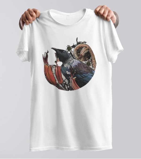 Tui’s Floral Harmony New Zealand Bird And Fern Motif T-Shirt