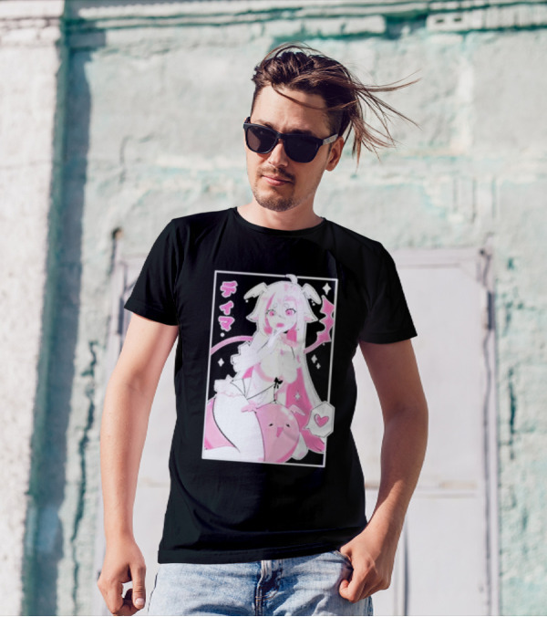 Uwumarket Dimatheduchess Thigh Love Pink Anime Character With Heart And Japanese Text T-Shirt