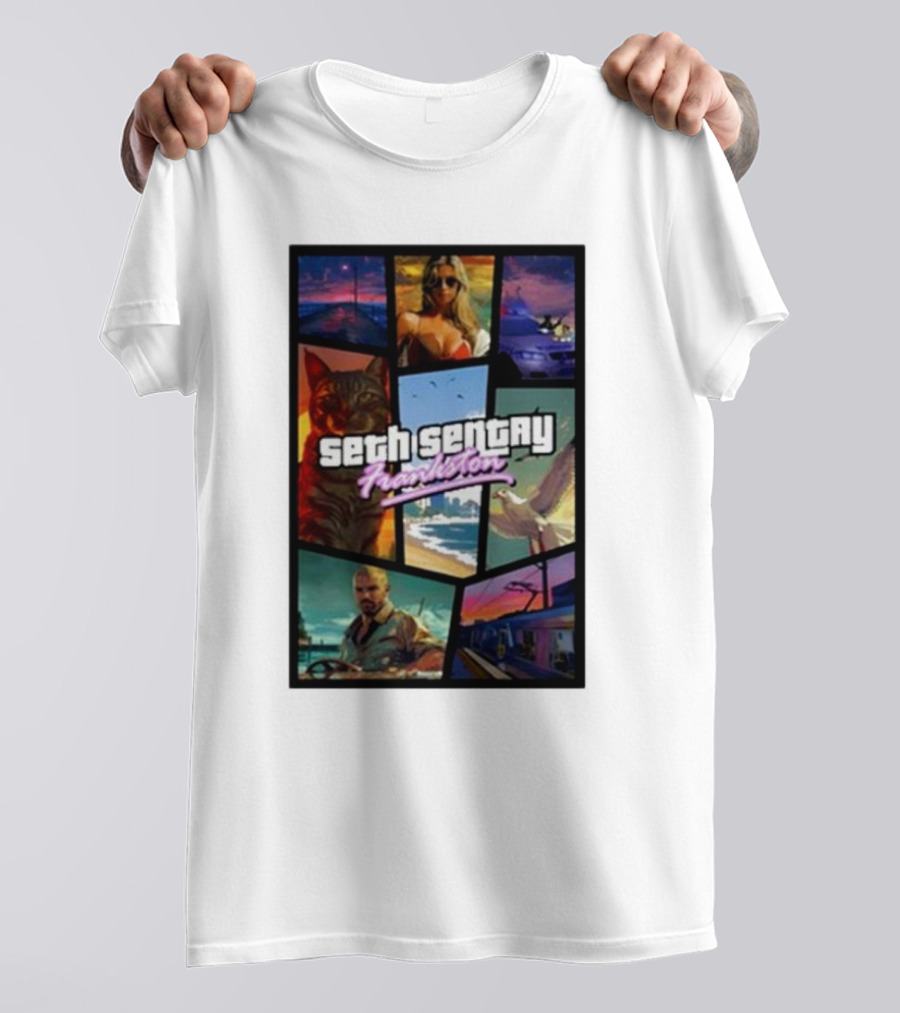 Seth Sentry Frankston GTA Style Art With Cat And City Scenes T-Shirt