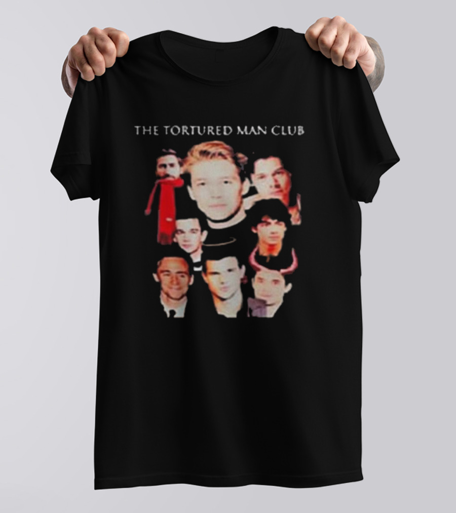 The Tortured Man Club: Collage Of Faces With Red Scarf And Horns T-Shirt