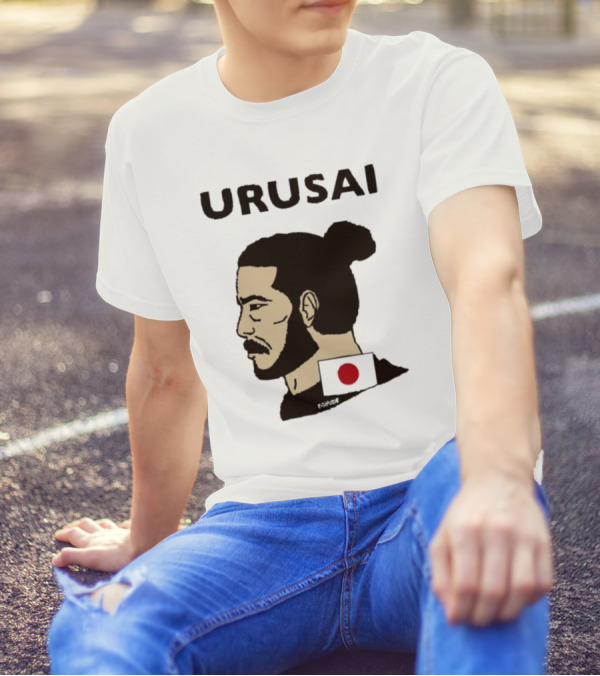 URUSAI Hiragana Ninja Japan Samurai Man Bun Profile With Flag T-Shirt