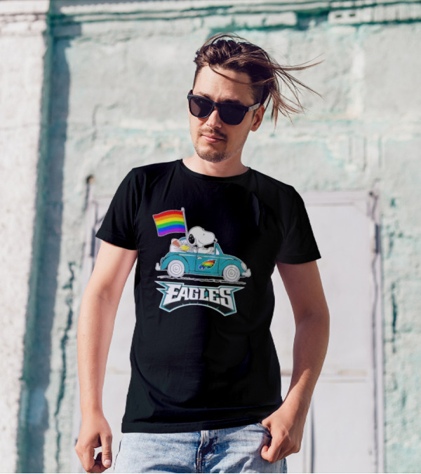 Philadelphia Eagles Pride Month Snoopy And Woodstock Rainbow Flag Parade T-Shirt