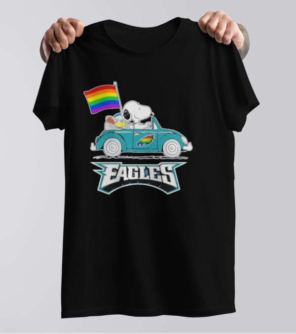 Philadelphia Eagles Pride Month Snoopy And Woodstock Rainbow Flag Parade T-Shirt