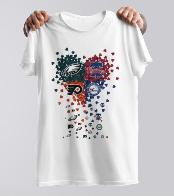 Philadelphia Eagles Phillies Flyers 76ers Logos And Hearts T-Shirt