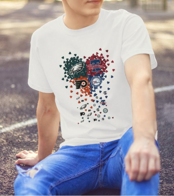 Philadelphia Eagles Phillies Flyers 76ers Logos And Hearts T-Shirt