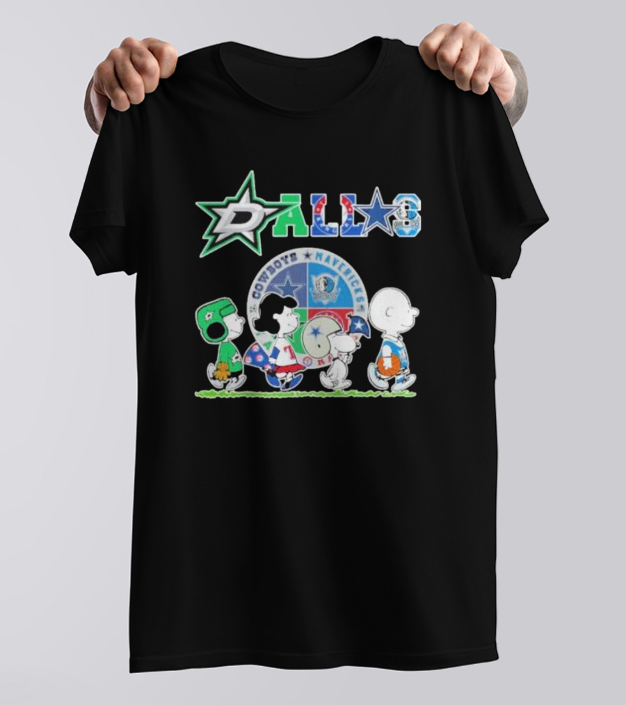 Peanuts Characters Walking With Dallas Cowboys Mavericks Stars T-Shirt