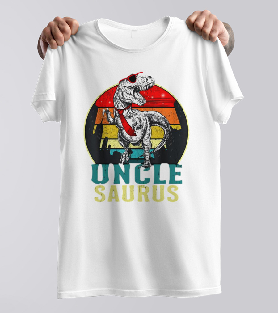 Uncle Saurus Rex Dinosaur With Sunglasses And Red Tie Fathers Day T-Shirt