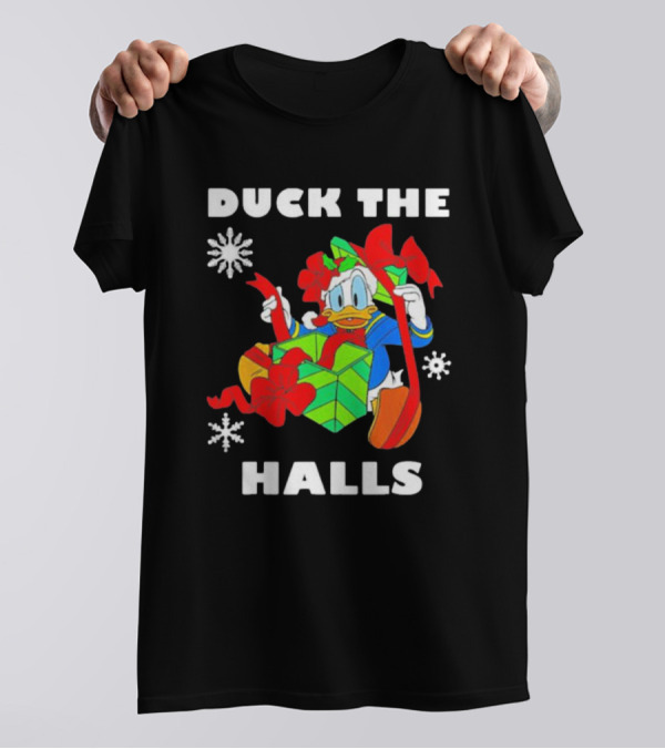 Duck The Halls Christmas With Present And Snowflakes T-Shirt