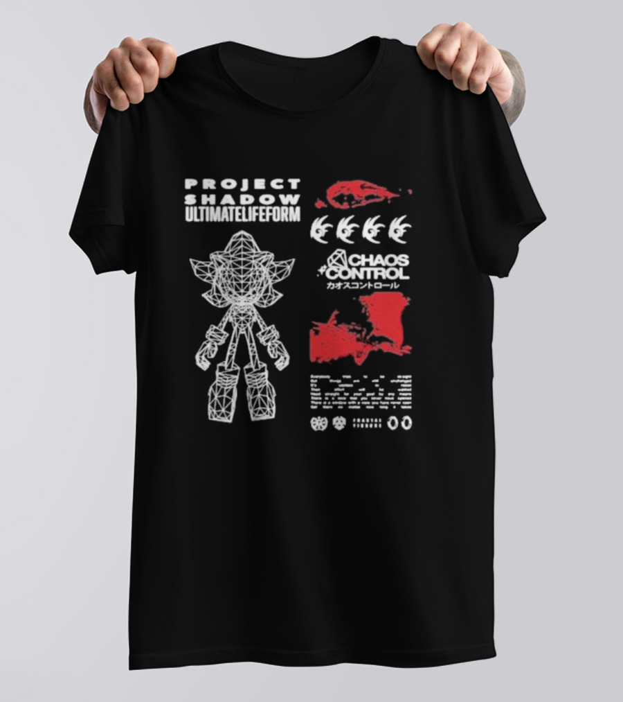 Project Shadow Ultimate Lifeform Chaos Control Japanese Text Wireframe Character Red Elements T-Shirt