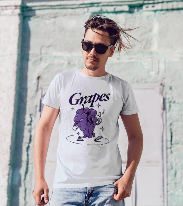 James Marriott Grapes Dancing Purple Cartoon With Musical Notes And Stars T-Shirt