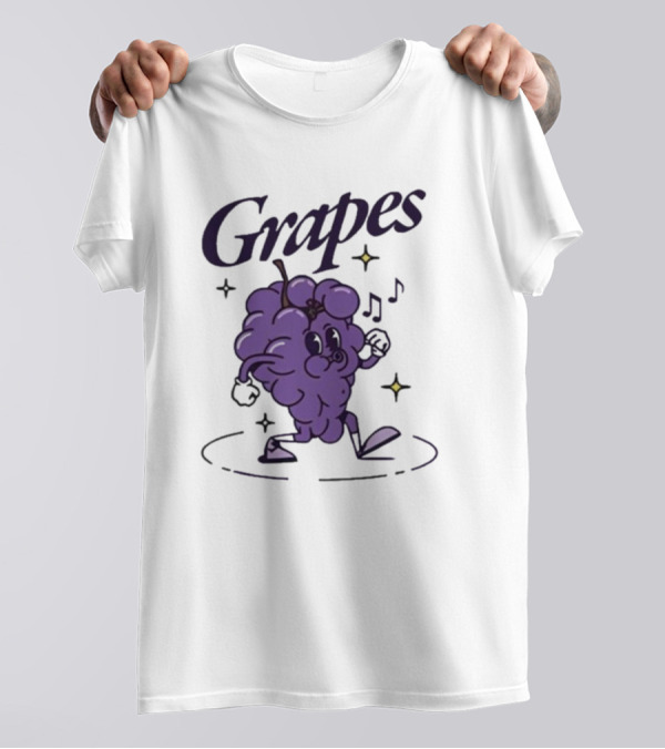 James Marriott Grapes Dancing Purple Cartoon With Musical Notes And Stars T-Shirt