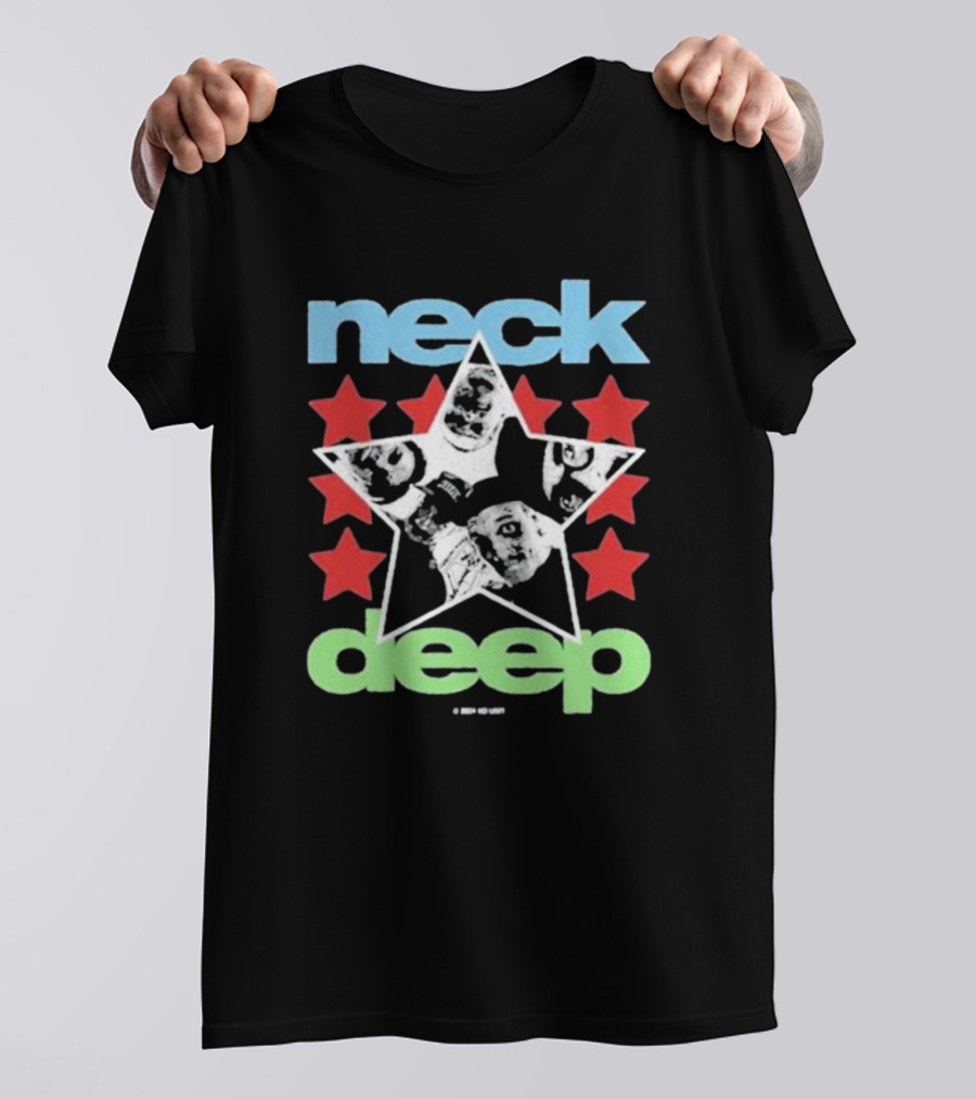 Neck Deep Blue And Green Star With Red Stars And Faces T-Shirt