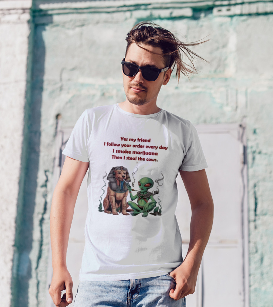 Yes My Friend I Follow Your Order Every Day I Smoke Marijuana Then I Steal The Cows Alien With Sphinx Smoking T-Shirt